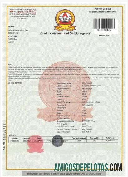 Zambia vehicle pendaftaran sertifikat templat