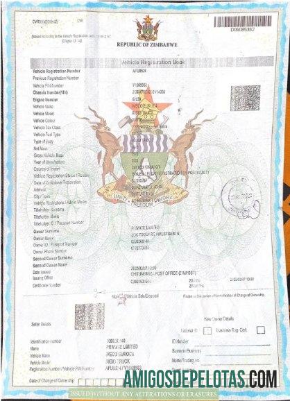 Zimbabwe vehicle pendaftaran sertifikat sampel
