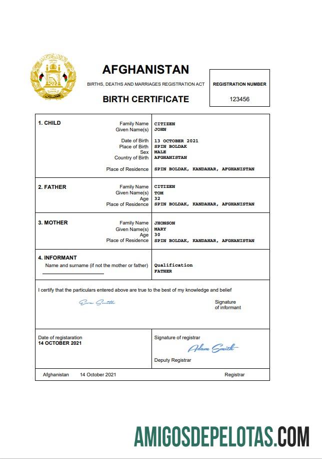 Afganistan vital record kelahiran sertifikat Word sampel