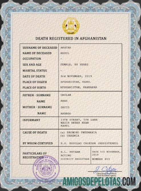 Afganistan vital record kematian sertifikat PSD pratinjau