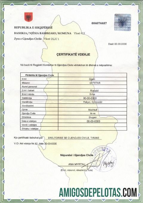 Realistis Albania kematian sertifikat templat in PSD format