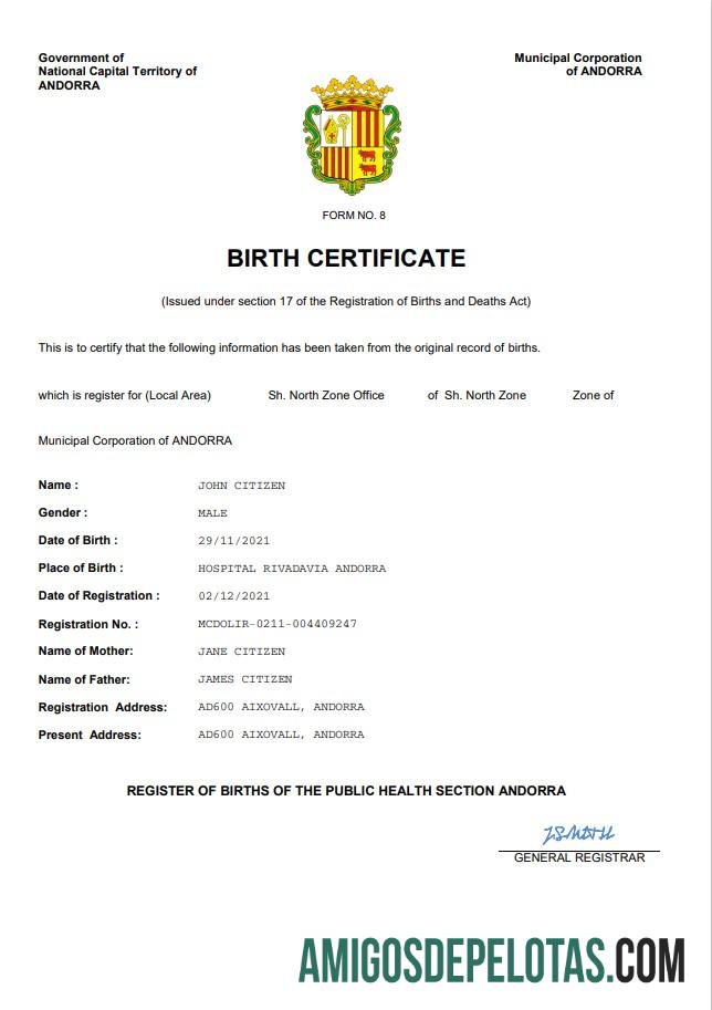 Premium Andorra vital record kelahiran sertifikat Word and PDF templat