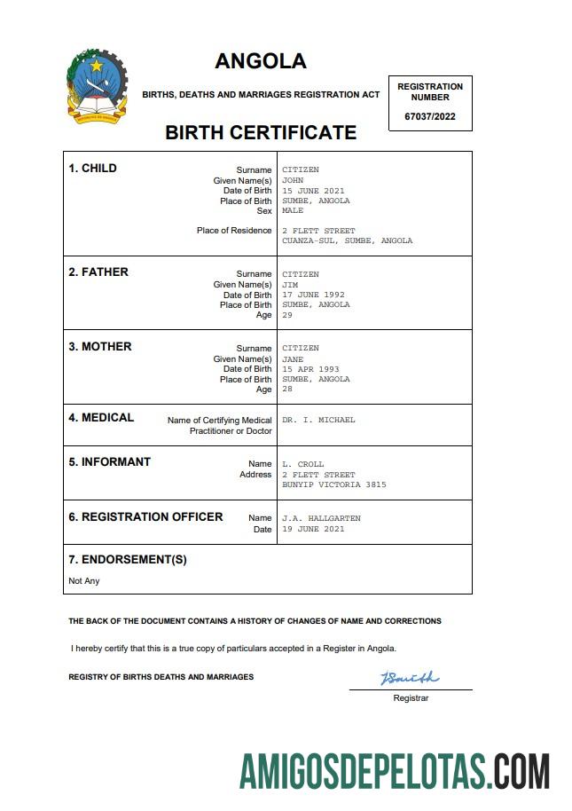 Profesional Angola vital record kelahiran sertifikat Word and PDF templat