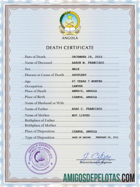 Dapat Diedit Angola vital record kematian sertifikat PSD templat