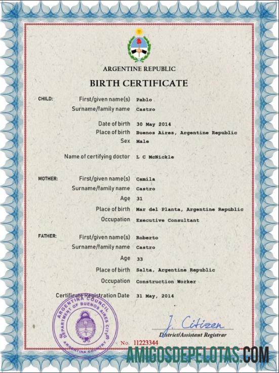 Premium Argentina vital record kelahiran sertifikat PSD templat