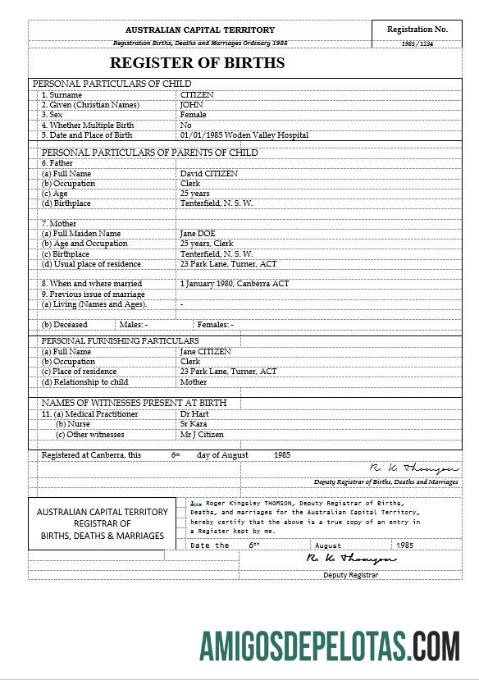 Profesional Australia Australian Capital Territory kelahiran sertifikat templat in Word format, versi 2