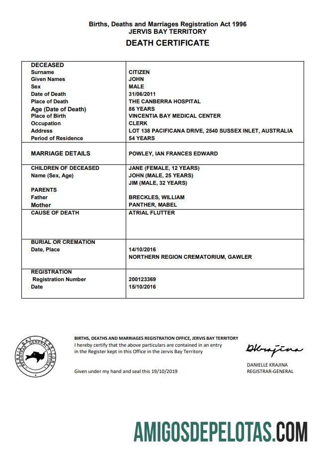 Profesional Australia Jervis Bay Territory kematian sertifikat templat in Word format