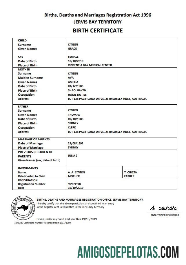 Berkualitas Australia Jervis Bay territory kelahiran sertifikat templat in Word and PDF format