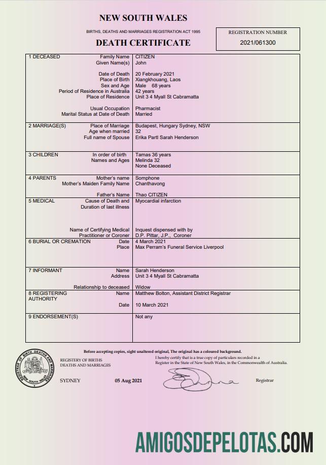 Premium Australia Baru South Wales kematian sertifikat templat in Word and PDF format