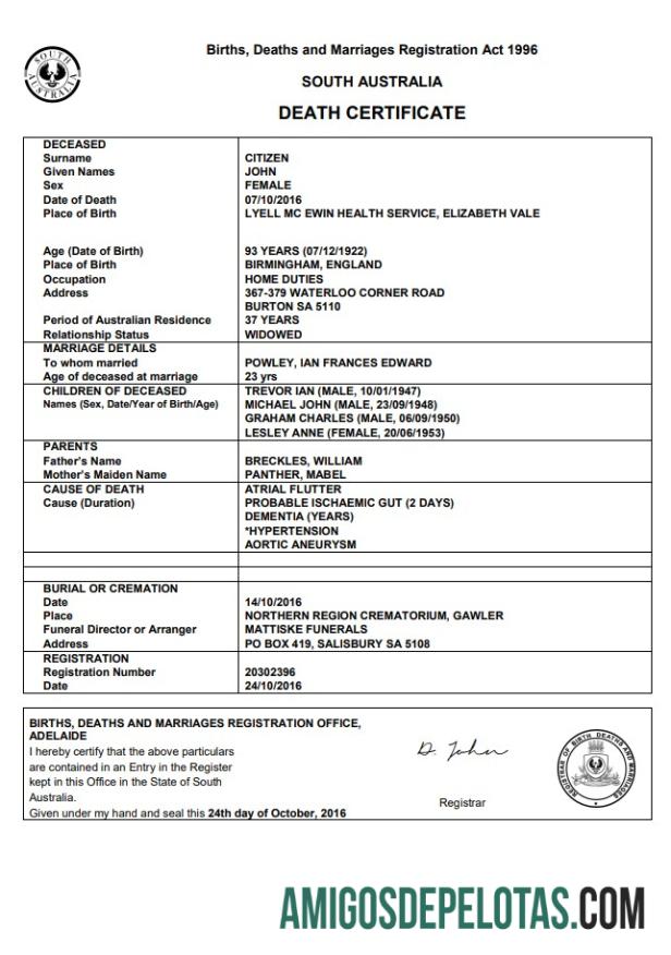 Premium Australia South Australia kematian sertifikat templat in Word format