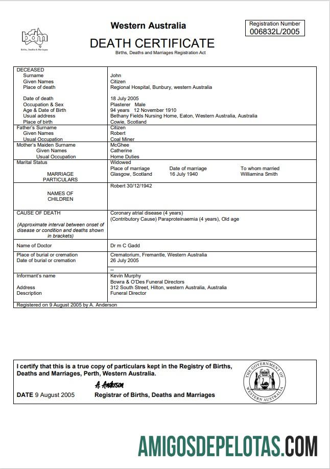 Profesional Australia Western Australia kematian sertifikat templat in Word