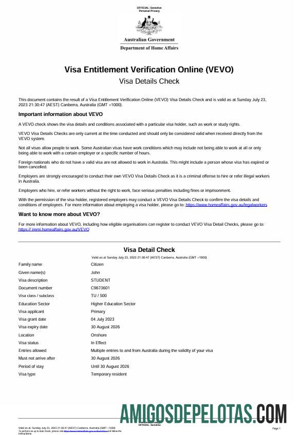 Australia visa entitlement Verifikasi online (VEVO) sertifikat 1 (1) sampel