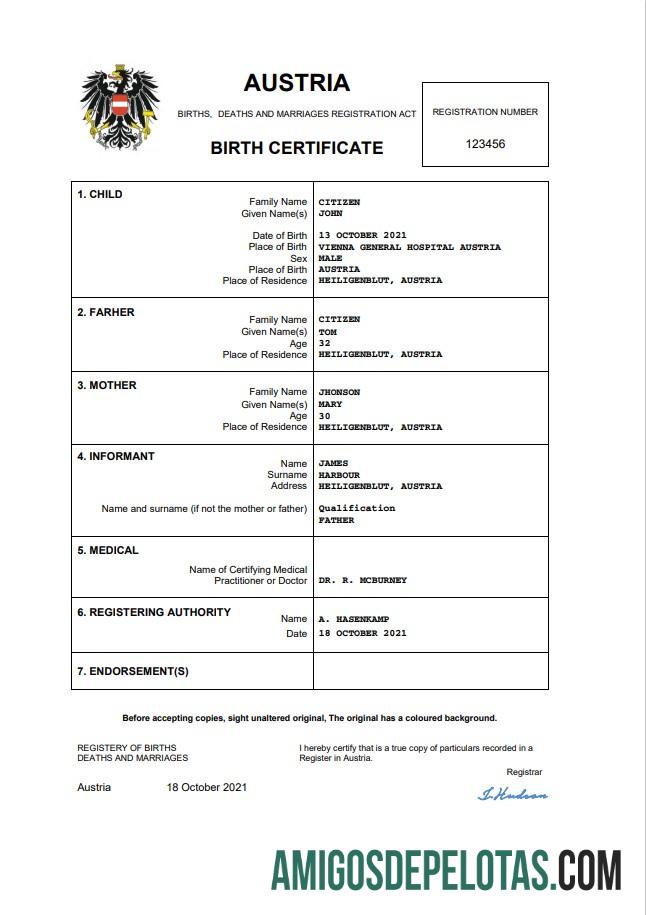 Realistis Austria vital record kelahiran sertifikat Word and PDF templat