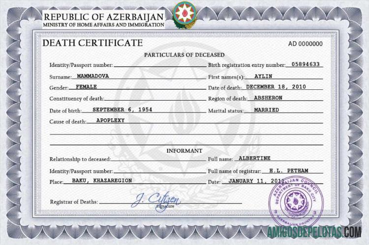 Realistis Azerbaijan vital record kematian sertifikat PSD templat