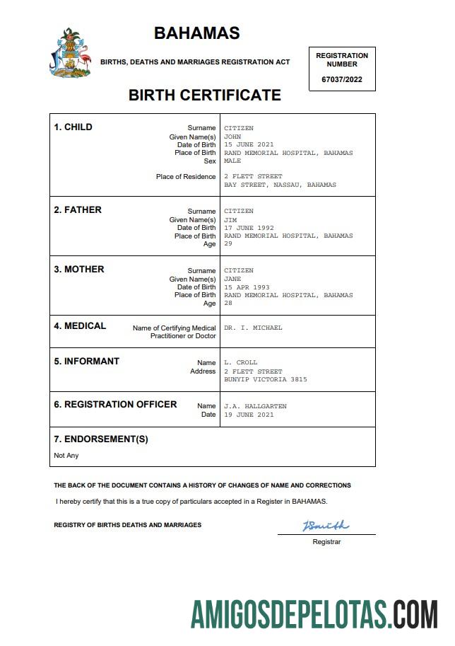 Realistis Bahama vital record kelahiran sertifikat Word and PDF templat