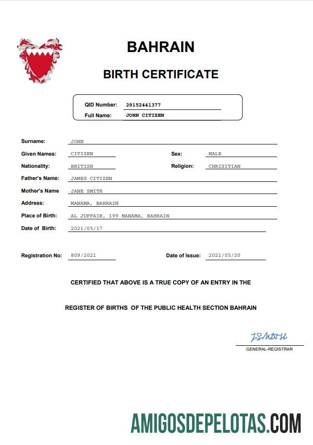 Bahrain vital record kelahiran sertifikat Word and PDF desain
