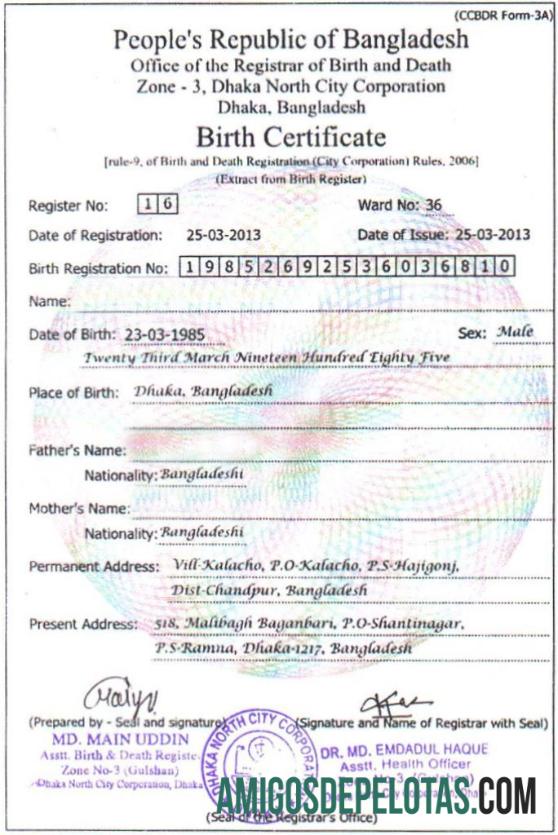 Bangladesh Office of Registrar of births and deaths kelahiran sertifikat templat
