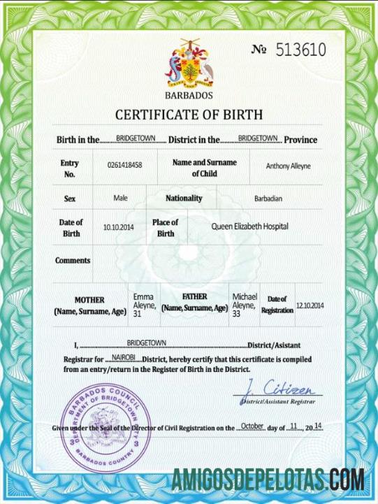 Dapat Diedit Barbados vital record kelahiran sertifikat PSD templat