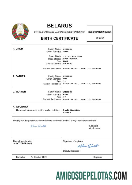 Realistis Belarus vital record kelahiran sertifikat Word and PDF templat