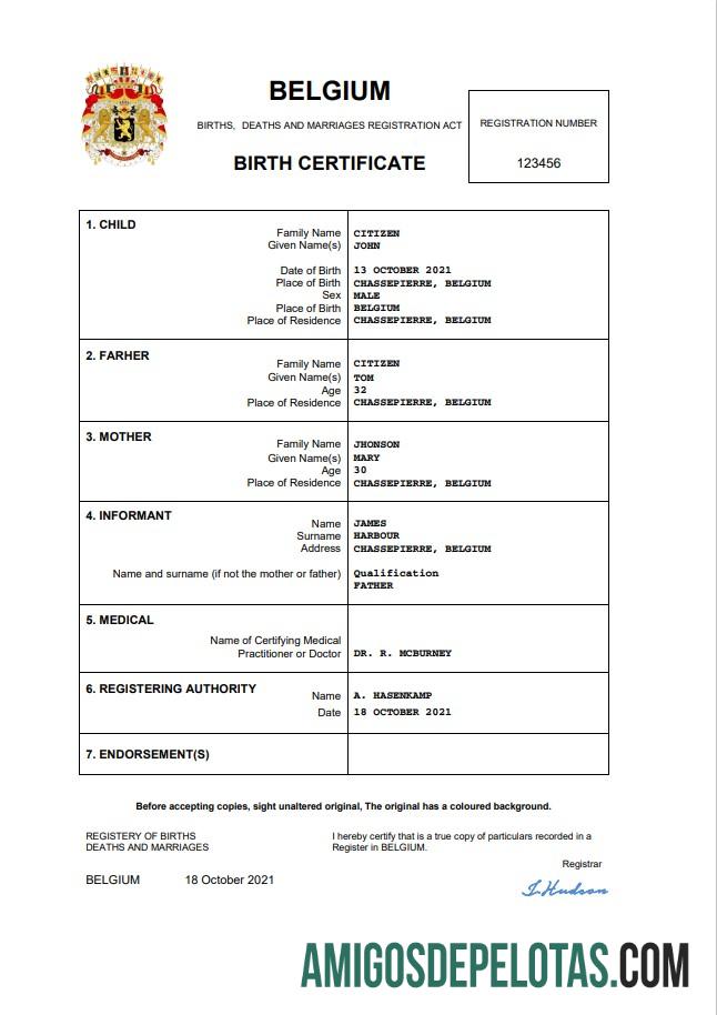 Belgia vital record kelahiran sertifikat Word and PDF desain