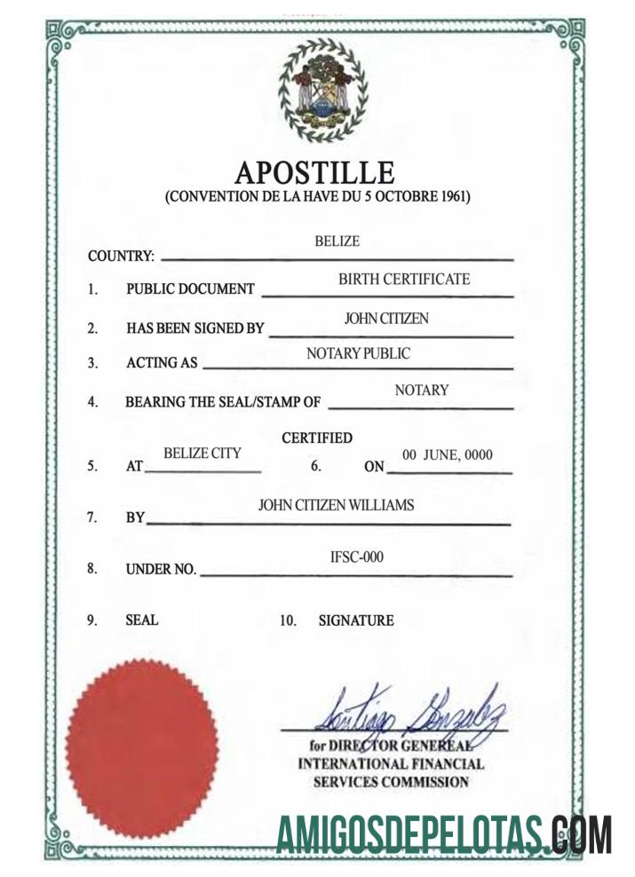 Belize kelahiran certif, Apostille versi 2 templat