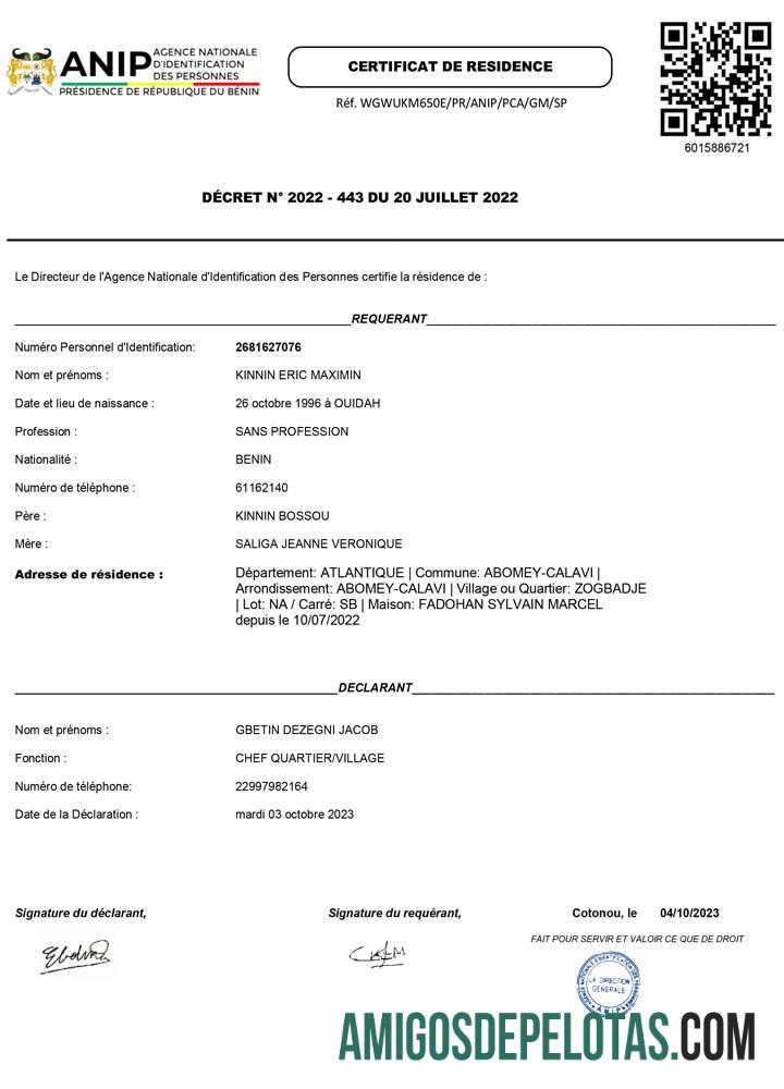 Benin ANIP Agence Nationale dΓÇÖidentifikasi des Personnes tempat tinggal certificat templat