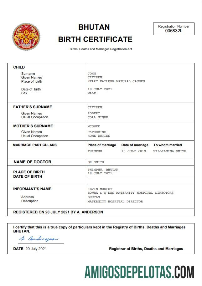 Premium Bhutan vital record kelahiran sertifikat Word and PDF templat