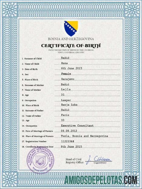 Realistis Bosnia dan Herzegovina kelahiran sertifikat PSD templat