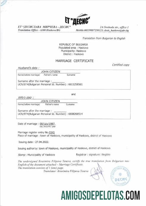Bulgaria Municipality of Haskovo pernikahan sertifikat makering