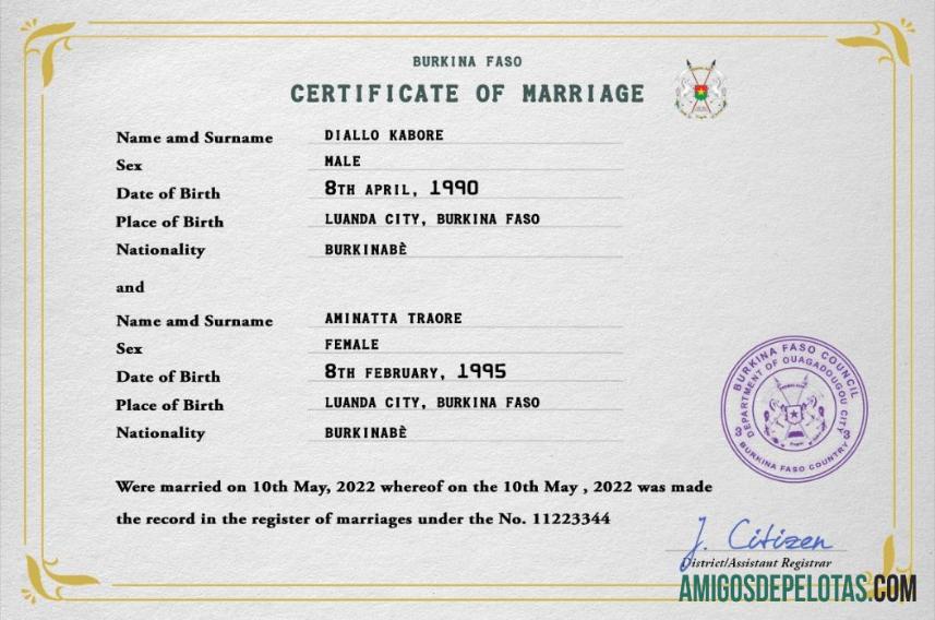 Profesional Burkina Faso pernikahan sertifikat PSD templat