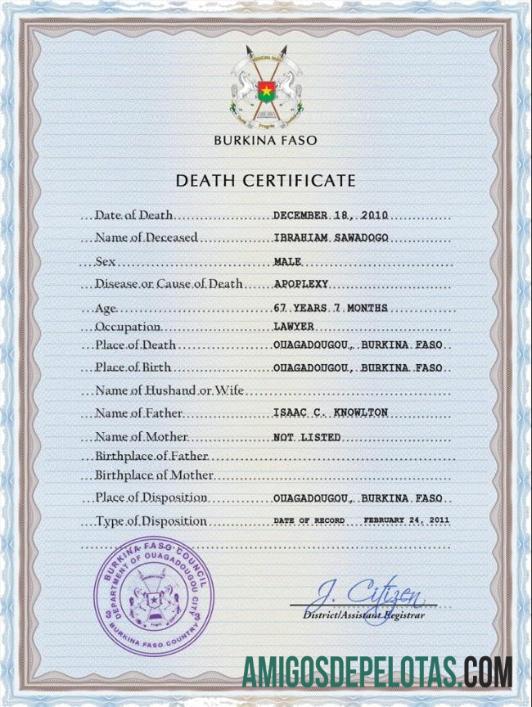Profesional Burkina Faso vital record kematian sertifikat PSD templat