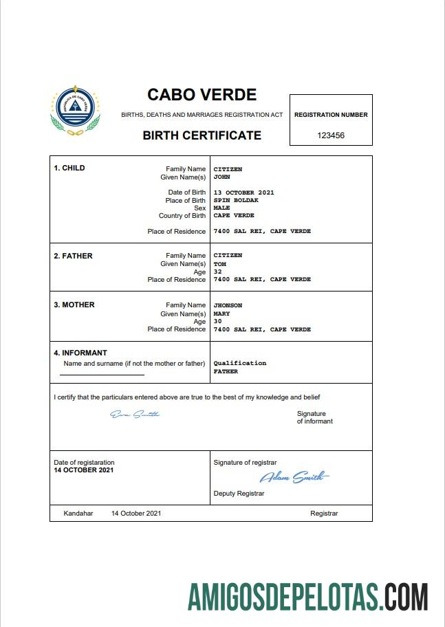 Dapat Diedit Tanjung Verde vital record kelahiran sertifikat Word and PDF templat