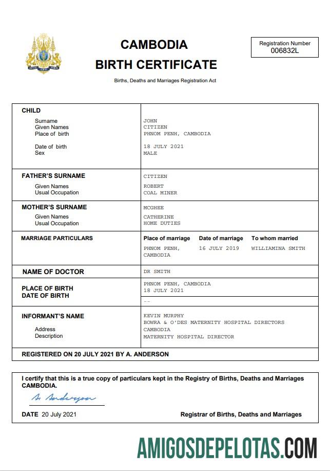 Dapat Diedit Kamboja kelahiran sertifikat Word and PDF templat