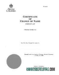 Kanada British Columbia Register of companies sertifikat of change of name makering