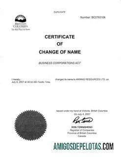 Kanada British Columbia Register of companies name change sertifikat sampel