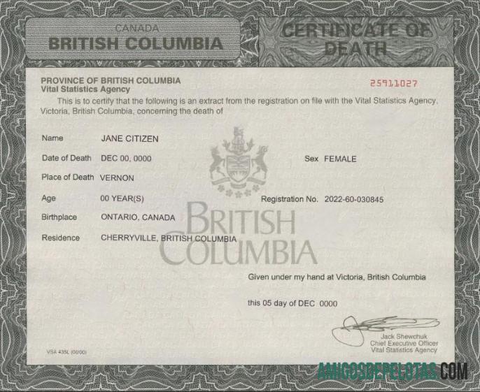 Realistis Kanada British Columbia kematian sertifikat templat in PSD format