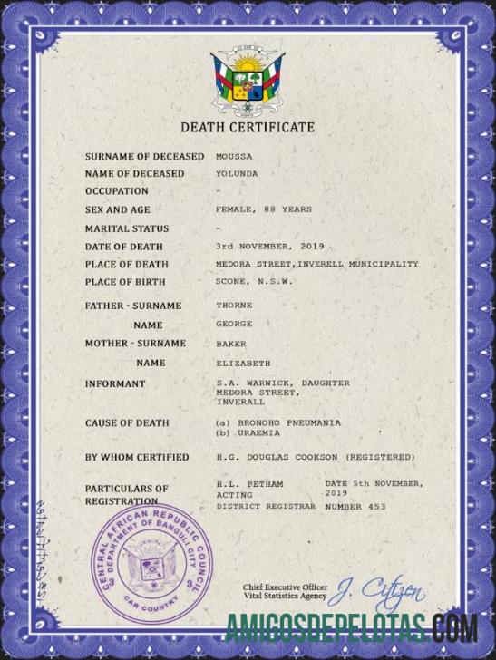 Berkualitas Republik Afrika Tengah kematian sertifikat PSD templat