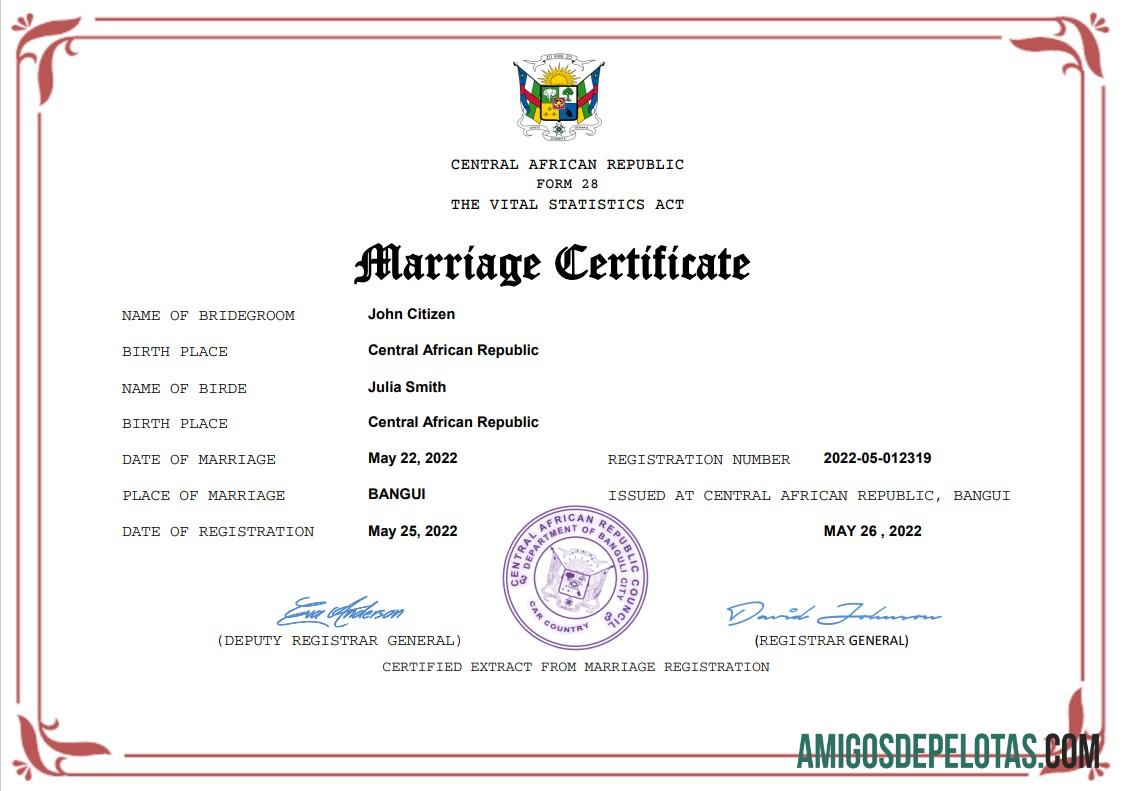 Berkualitas Republik Afrika Tengah pernikahan sertifikat Word and PDF templat
