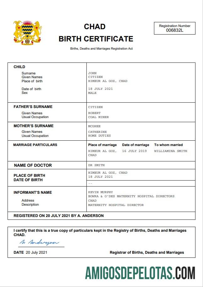 Dapat Diedit Chad kelahiran sertifikat Word and PDF templat