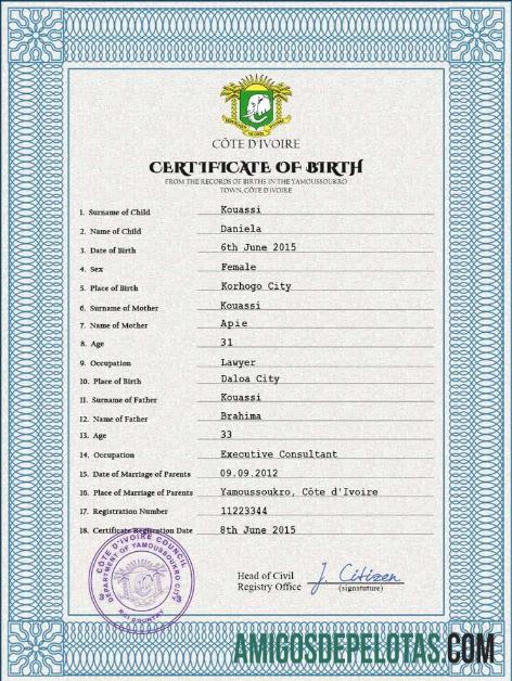 Realistis Co╠éte dΓÇÖIvoire vital record kelahiran sertifikat PSD templat