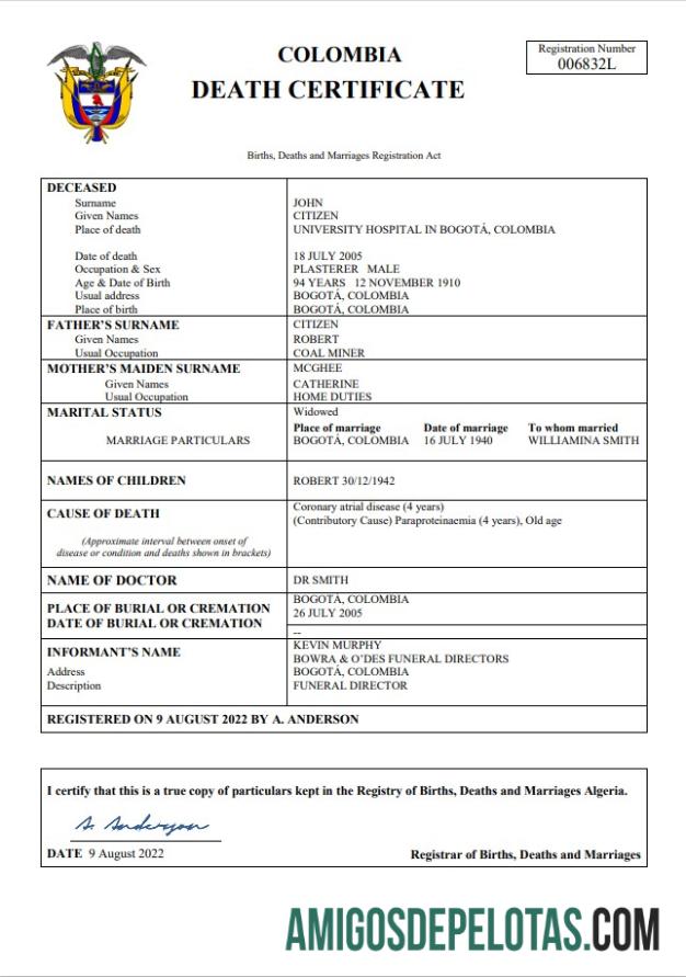 Dapat Diedit Kolombia kematian sertifikat Word and PDF templat