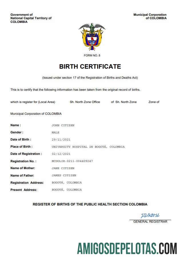 Berkualitas Kolombia vital record kelahiran sertifikat Word and PDF templat
