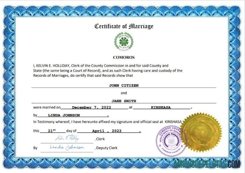 Realistis Komoro pernikahan sertifikat Word and PDF templat
