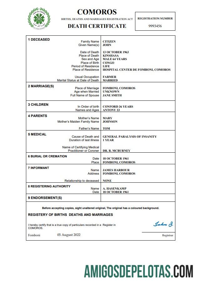 Realistis Komoro vital record kematian sertifikat Word and PDF templat