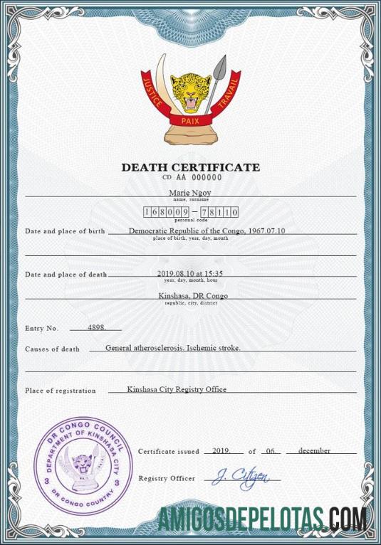Berkualitas Kongo (Democratic Republic of the Kongo) vital record kematian sertifikat PSD templat