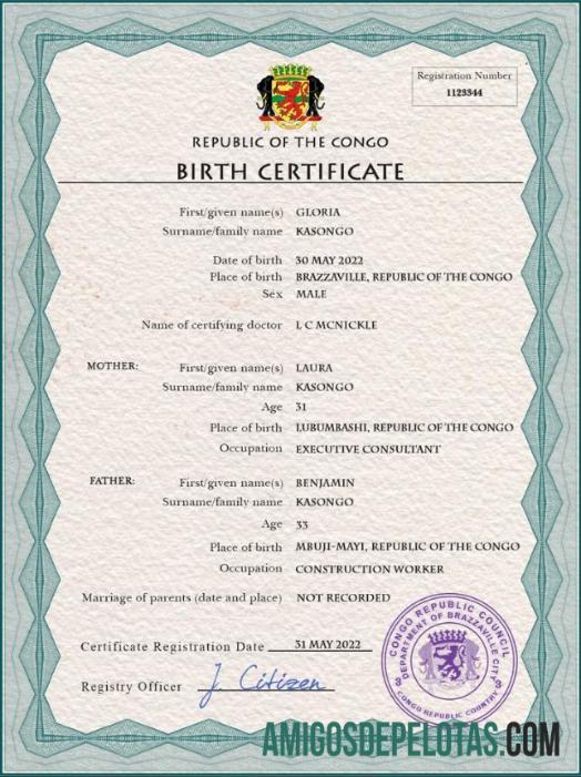 Berkualitas Kongo (Republic of the) vital record kelahiran sertifikat PSD templat