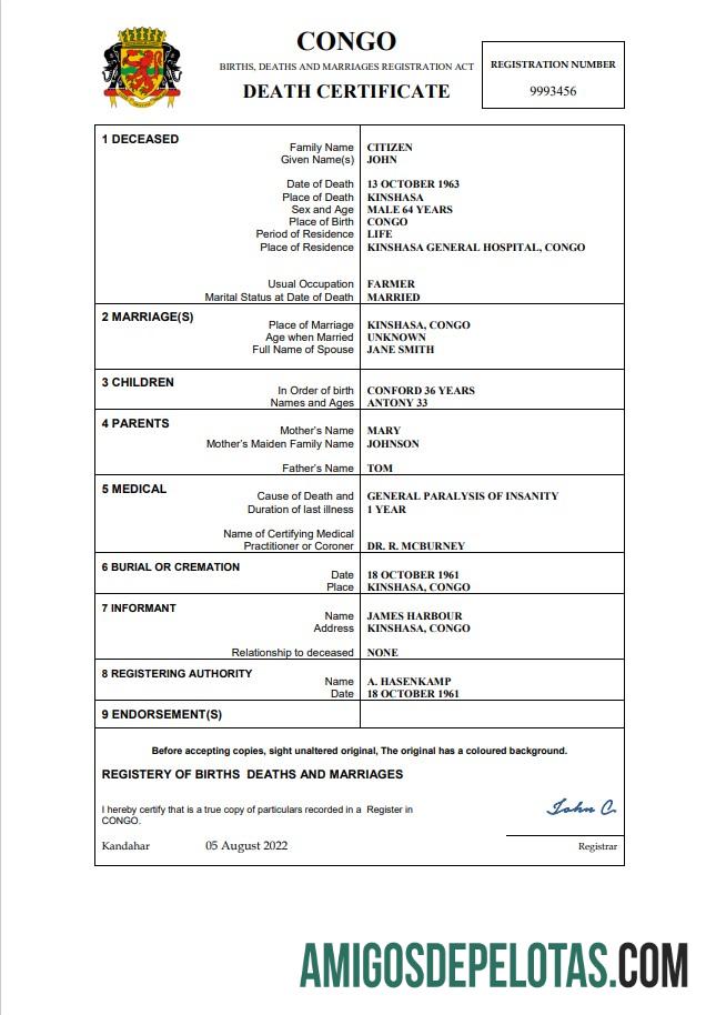 Realistis Kongo kematian sertifikat Word and PDF templat