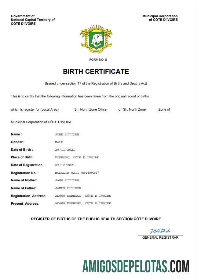 Berkualitas Cote dΓÇÖIvoire vital record kelahiran sertifikat Word and PDF templat