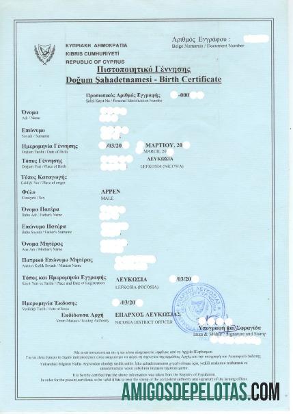 Siprus Registry of Population kelahiran sertifikat sampel
