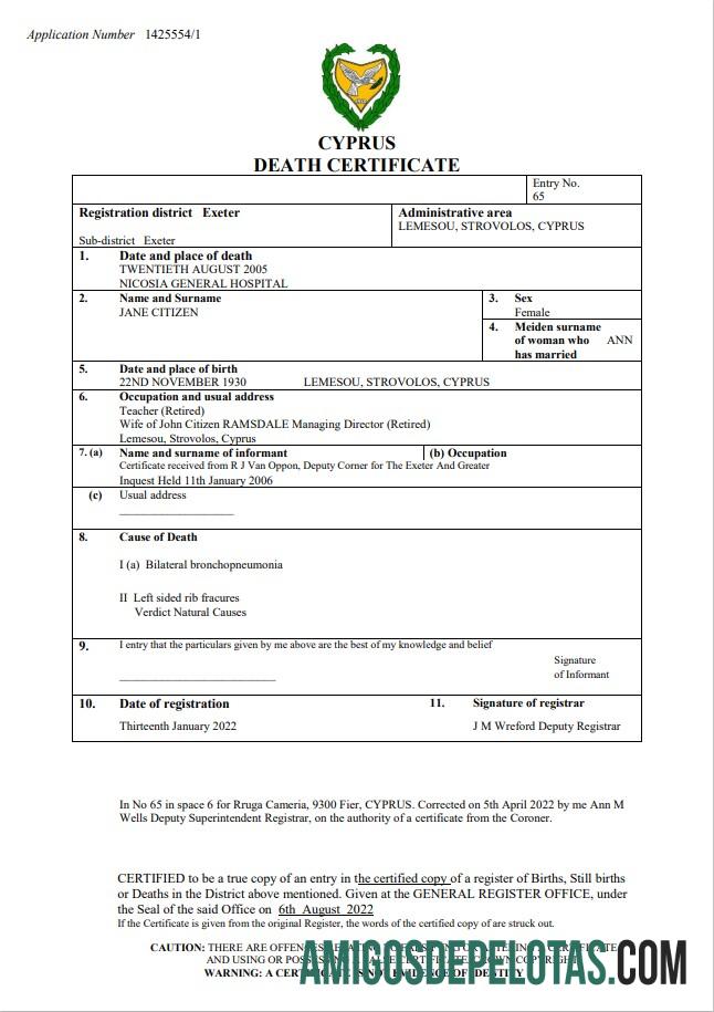 Berkualitas Siprus vital record kematian sertifikat Word and PDF templat